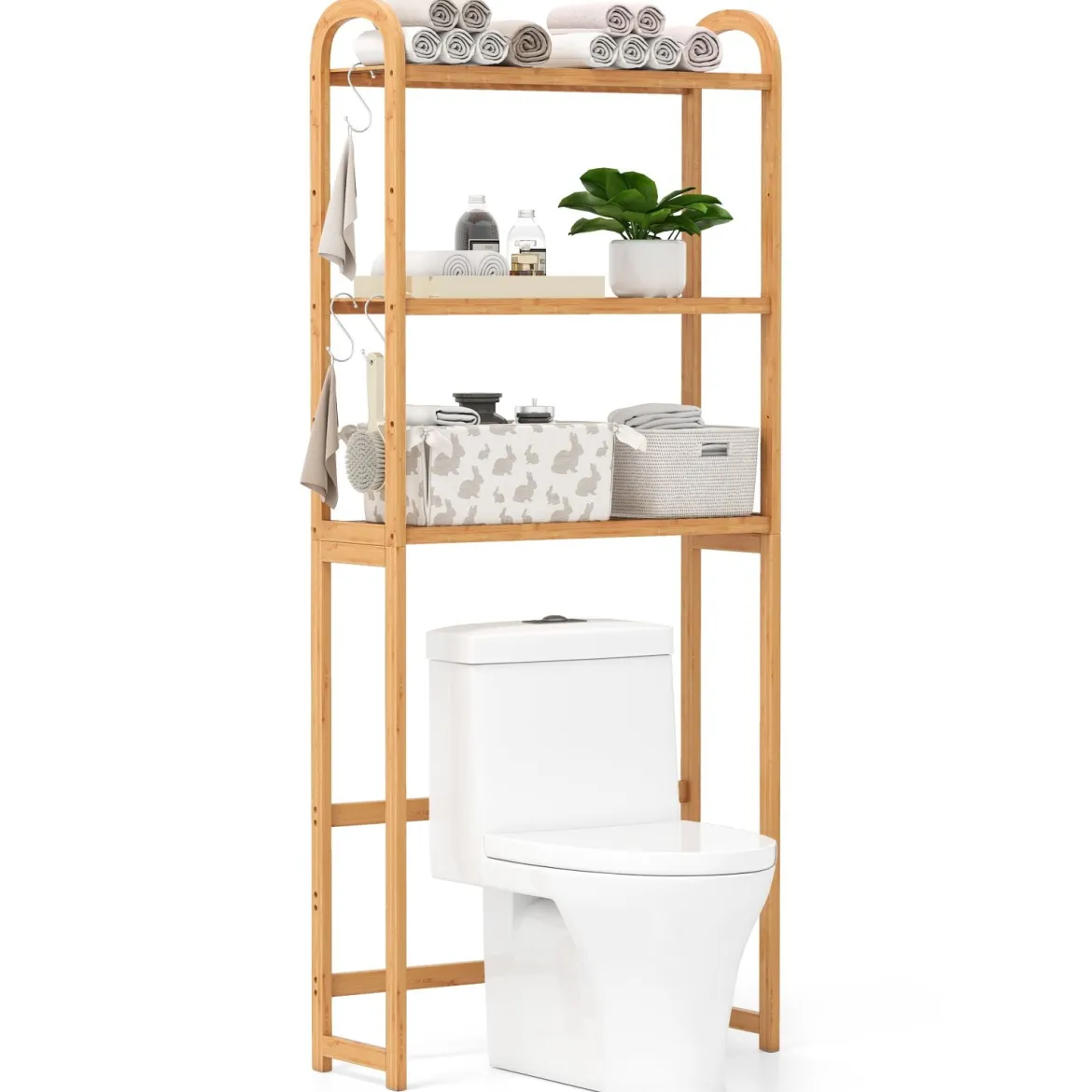 3-stufiger Toilettenregal Bambus Badezimmerregal Überbauschrank freistehend Toilettenschrank mit 3 Haken 71,5 x 25 x 166 cm