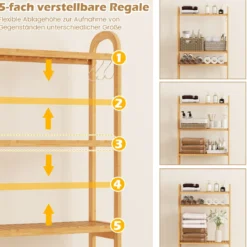 3-stufiger Toilettenregal Bambus Badezimmerregal Überbauschrank freistehend Toilettenschrank mit 3 Haken 71,5 x 25 x 166 cm