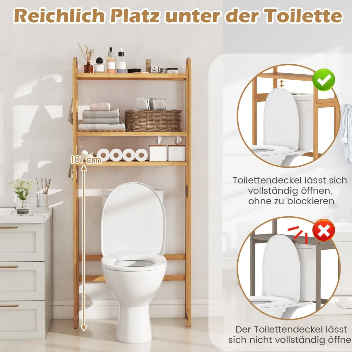 3-stufiger Toilettenregal Bambus Badezimmerregal Überbauschrank freistehend Toilettenschrank mit 3 Haken 71,5 x 25 x 166 cm