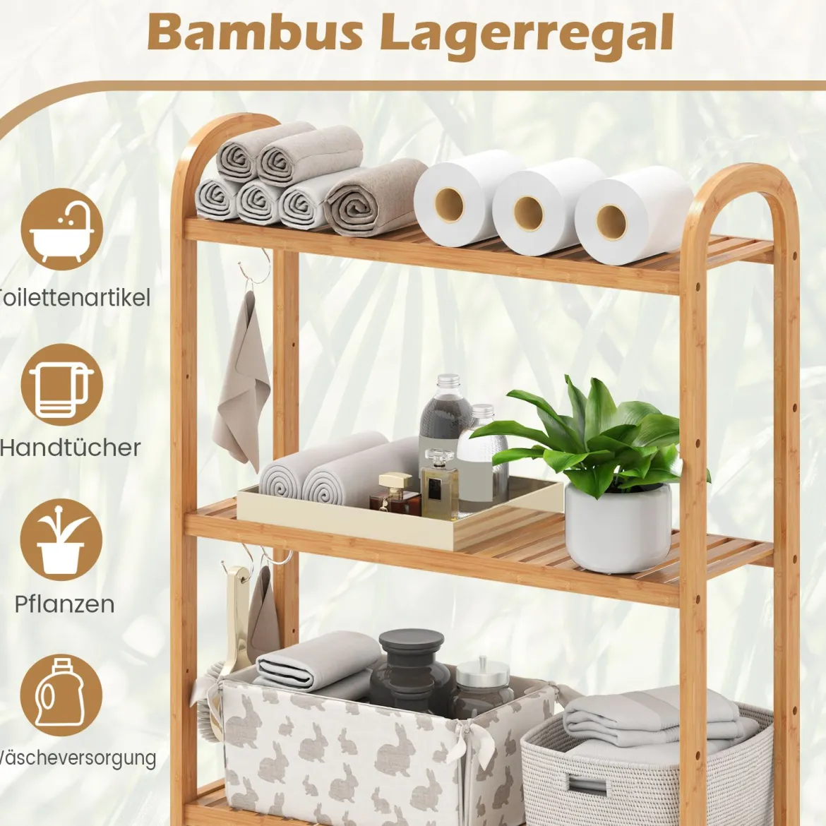 3-stufiger Toilettenregal Bambus Badezimmerregal Überbauschrank freistehend Toilettenschrank mit 3 Haken 71,5 x 25 x 166 cm