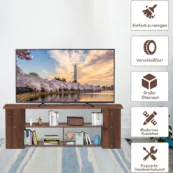 3-stufiger TV Schrank mit Massivholzrahmen & Offenen Ablagefächern 110 cm Breit Kaffee
