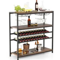 5-stufiger Weinregal mit Glashalter & Regalen Freistehender Flaschenregal Rustikales Braun