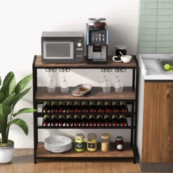5-stufiger Weinregal mit Glashalter & Regalen Freistehender Flaschenregal Rustikales Braun