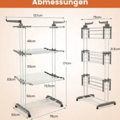 3-stufiger Wäscheständer zusammenklappbarer Wäschetrockner 127 x 63 x 171 cm Grau