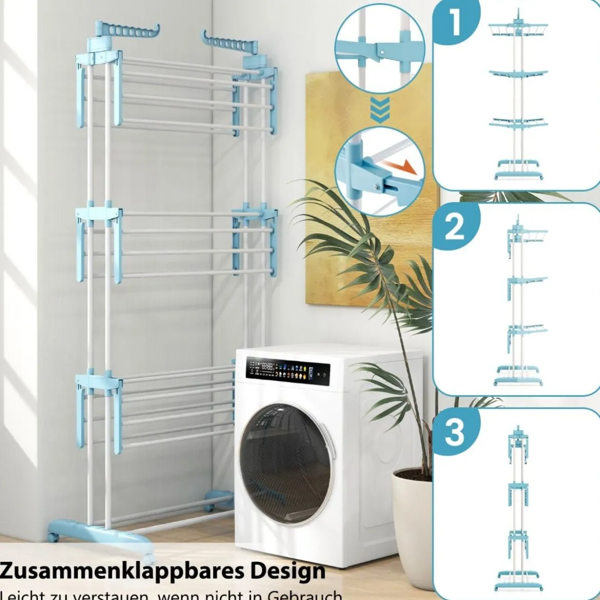 3-stufiger Wäscheständer zusammenklappbarer Wäschetrockner mit drehbaren Seitenflügeln 127 x 63 x 171 cm Blau