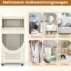 3-stufiger Wäschewagen faltbarer Wäschesack mit feststellbaren Rollen Korb 6 Haken Beige