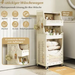 4-stufiger Wäschewagen faltbarer Wäschekorb mit abschließbaren Rollen 2 Körbe 6 Haken Beige
