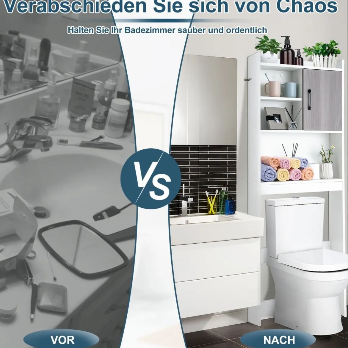 4-stufiges Badezimmerregal über der Toilette mit 4 Offenen Regalen & 1 Tür Moderner Badschrank Weiß