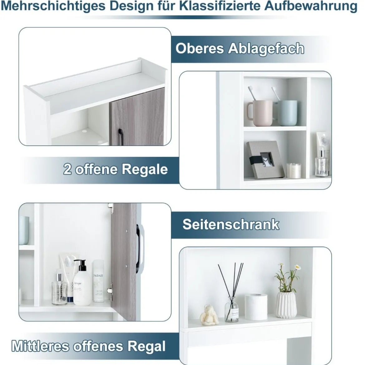 4-stufiges Badezimmerregal über der Toilette mit 4 Offenen Regalen & 1 Tür Moderner Badschrank Weiß
