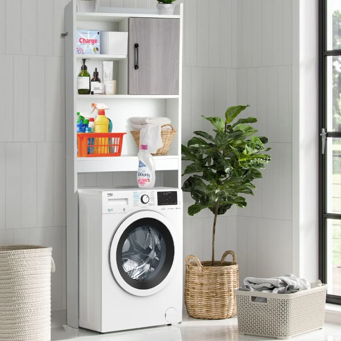 4-stufiges Badezimmerregal über der Toilette mit 4 Offenen Regalen & 1 Tür Moderner Badschrank Weiß