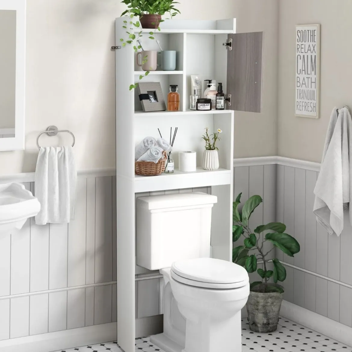 4-stufiges Badezimmerregal über der Toilette mit 4 Offenen Regalen & 1 Tür Moderner Badschrank Weiß