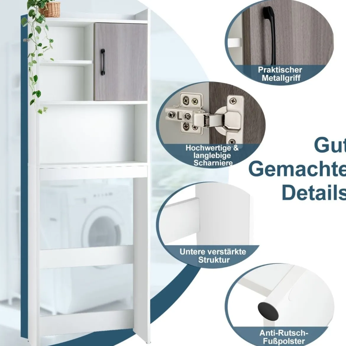 4-stufiges Badezimmerregal über der Toilette mit 4 Offenen Regalen & 1 Tür Moderner Badschrank Weiß
