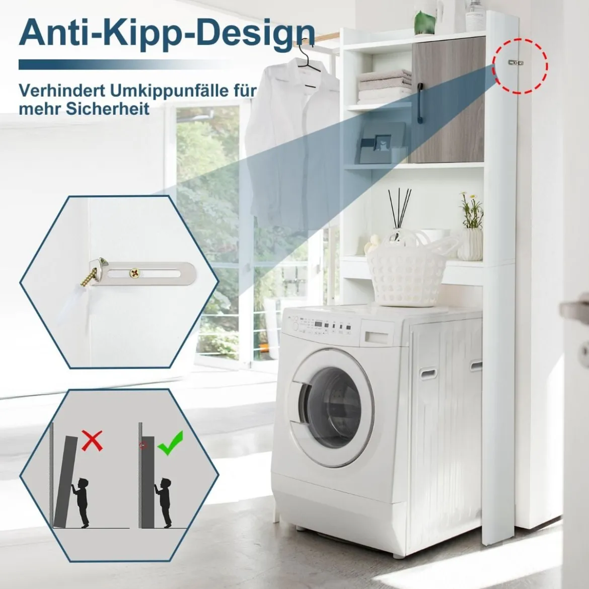 4-stufiges Badezimmerregal über der Toilette mit 4 Offenen Regalen & 1 Tür Moderner Badschrank Weiß