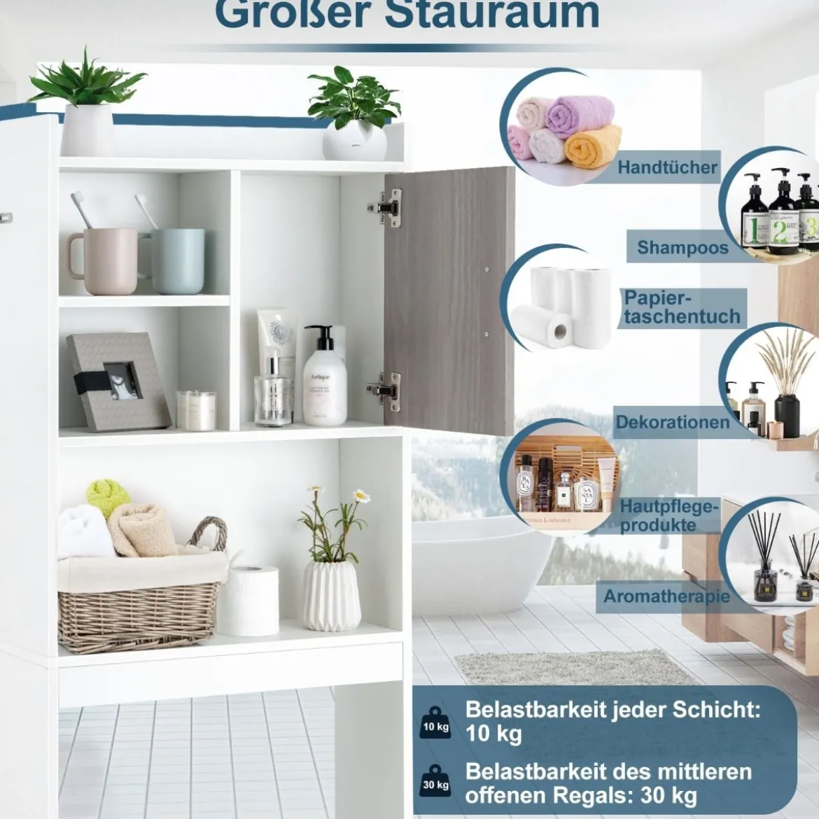 4-stufiges Badezimmerregal über der Toilette mit 4 Offenen Regalen & 1 Tür Moderner Badschrank Weiß