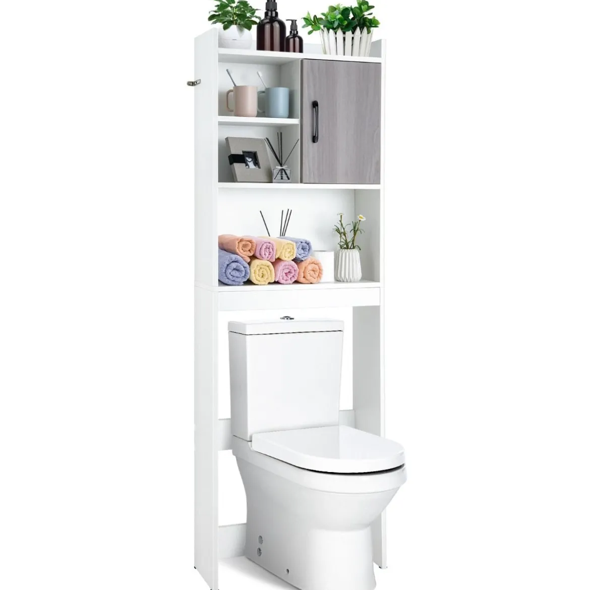 4-stufiges Badezimmerregal über der Toilette mit 4 Offenen Regalen & 1 Tür Moderner Badschrank Weiß