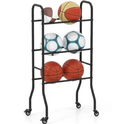 3-stufiges Ballständer mit Rollen & Metallrahmen Ball Organizer Basketball Regal Ballwagen