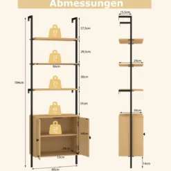 3-stufiges Bücherregal mit Rattan Schrank 184 cm Wandmontage Leiterregal Offener Präsentationsregal