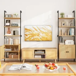 3-stufiges Bücherregal mit Rattan Schrank 184 cm Wandmontage Leiterregal Offener Präsentationsregal
