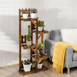 5-stufiges hölzernes Pflanzenregal Blumenständer Holzregal Pflanzenständer für Innen und Außen aus Tannenholz braun 60 x 25 x 130,5 cm