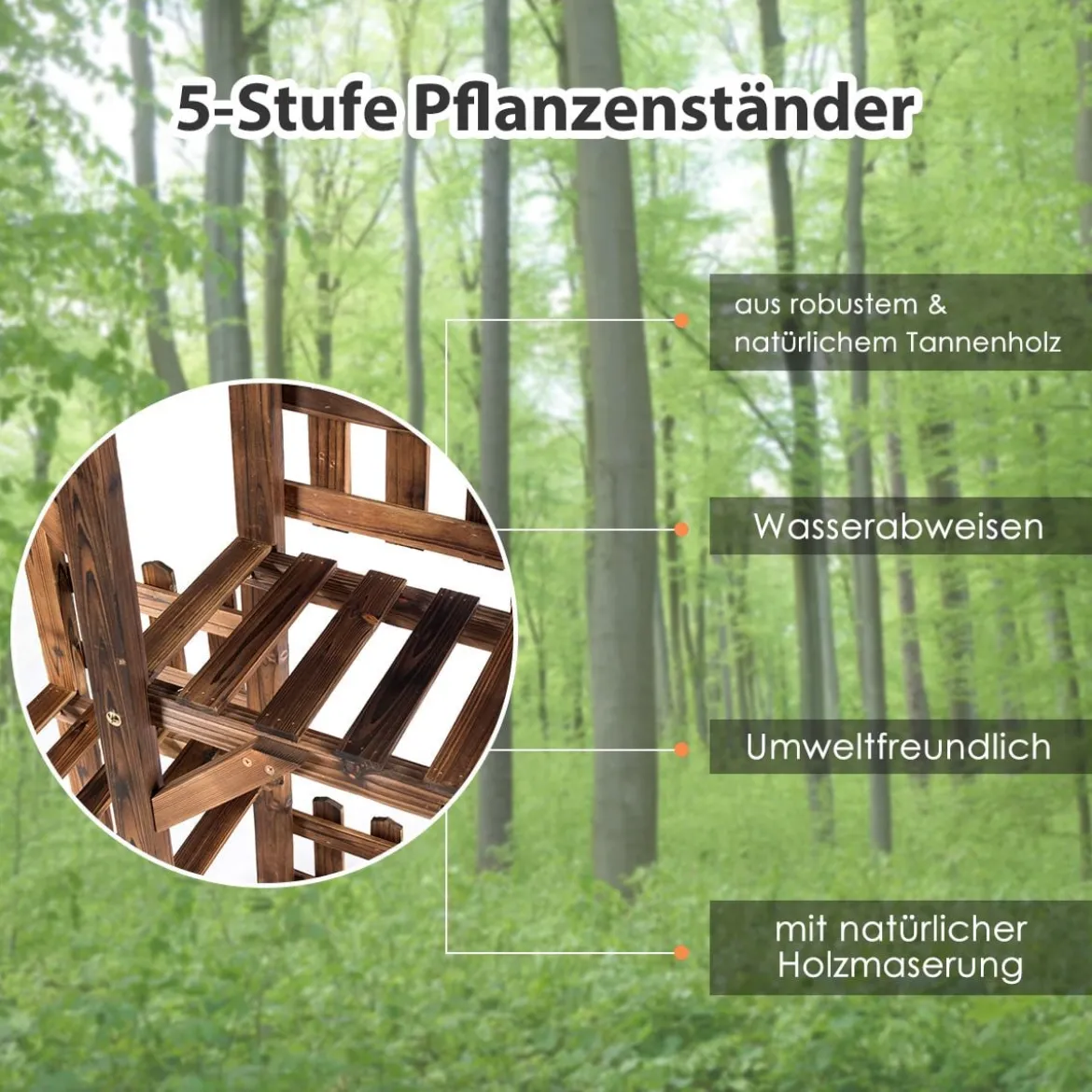 5-stufiges hölzernes Pflanzenregal Blumenständer Holzregal Pflanzenständer für Innen und Außen aus Tannenholz braun 60 x 25 x 130,5 cm