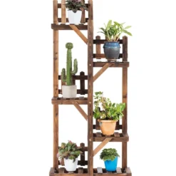 5-stufiges hölzernes Pflanzenregal Blumenständer Holzregal Pflanzenständer für Innen und Außen aus Tannenholz braun 60 x 25 x 130,5 cm