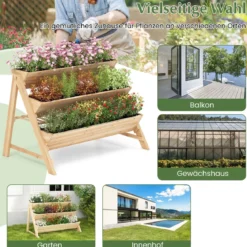 3 stufiges Hochbeet Holz Pflanzenbeet mit Ablage 2 Haken & 3 Pflanzfolien Natur