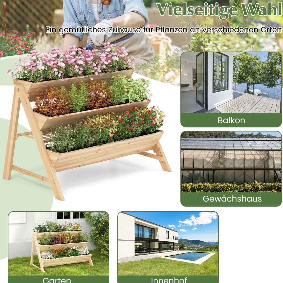 3 stufiges Hochbeet Holz Pflanzenbeet mit Ablage 2 Haken & 3 Pflanzfolien Natur