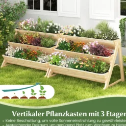 3 stufiges Hochbeet Holz Pflanzenbeet mit Ablage 2 Haken & 3 Pflanzfolien Natur