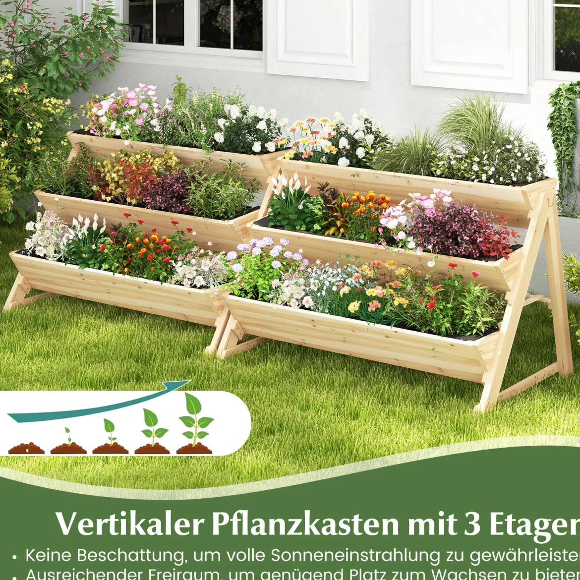 3 stufiges Hochbeet Holz Pflanzenbeet mit Ablage 2 Haken & 3 Pflanzfolien Natur