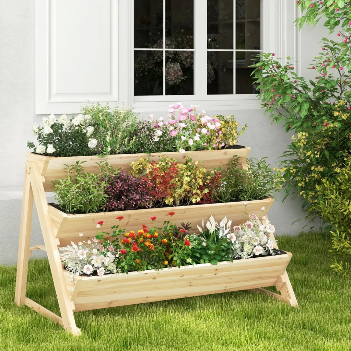 3 stufiges Hochbeet Holz Pflanzenbeet mit Ablage 2 Haken & 3 Pflanzfolien Natur