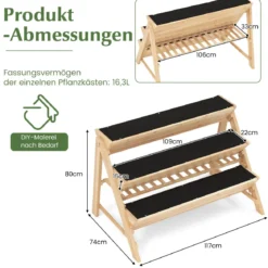 3 stufiges Hochbeet Holz Pflanzenbeet mit Ablage 2 Haken & 3 Pflanzfolien Natur