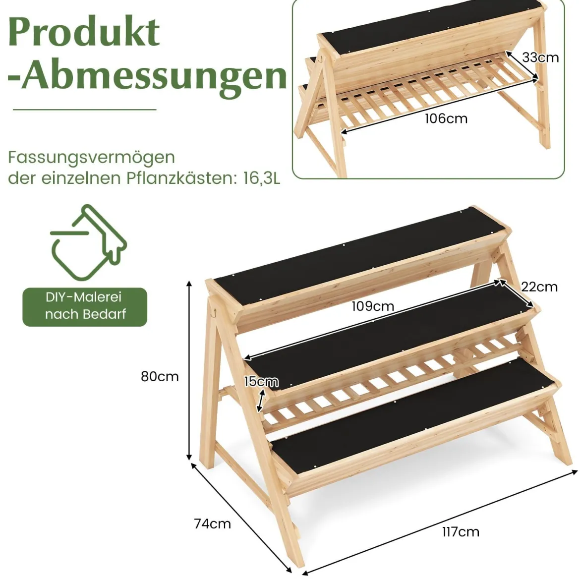 3 stufiges Hochbeet Holz Pflanzenbeet mit Ablage 2 Haken & 3 Pflanzfolien Natur