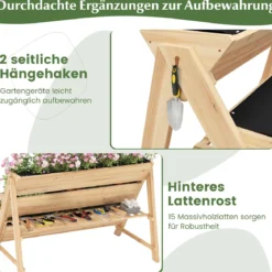 3 stufiges Hochbeet Holz Pflanzenbeet mit Ablage 2 Haken & 3 Pflanzfolien Natur