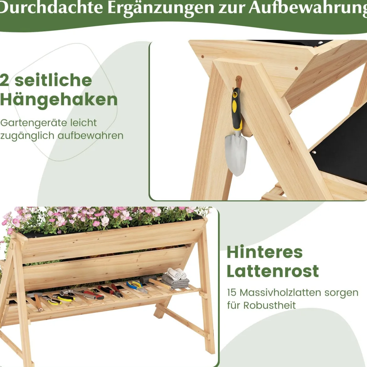 3 stufiges Hochbeet Holz Pflanzenbeet mit Ablage 2 Haken & 3 Pflanzfolien Natur