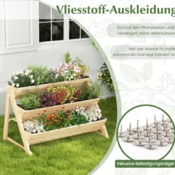 3 stufiges Hochbeet Holz Pflanzenbeet mit Ablage 2 Haken & 3 Pflanzfolien Natur
