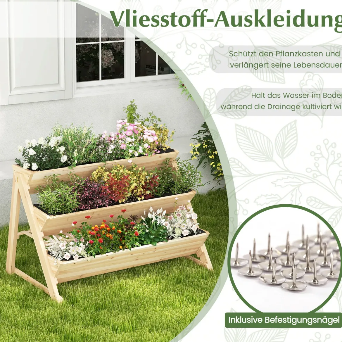 3 stufiges Hochbeet Holz Pflanzenbeet mit Ablage 2 Haken & 3 Pflanzfolien Natur