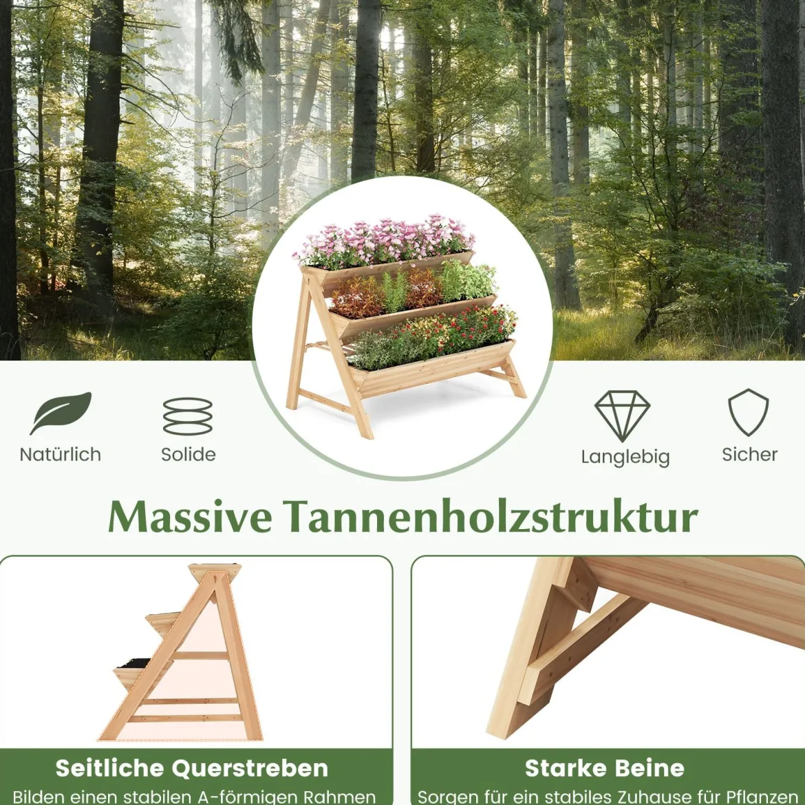 3 stufiges Hochbeet Holz Pflanzenbeet mit Ablage 2 Haken & 3 Pflanzfolien Natur