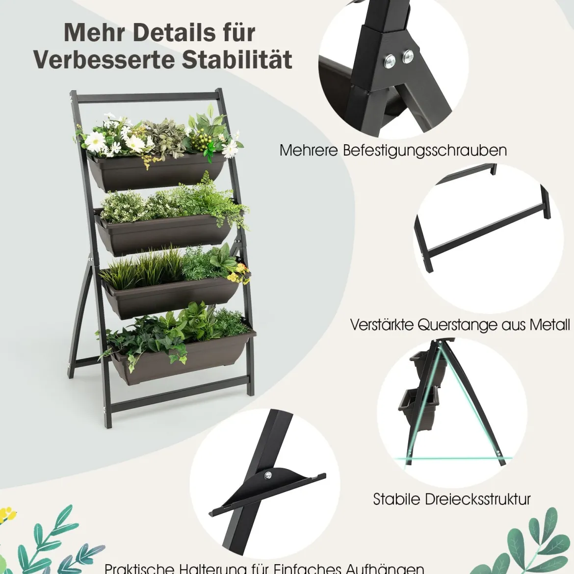 4-stufiges Hochbeet mit 4 Behälterboxen & Drainagelöchern Pflanzenbeet Vertikalbeet
