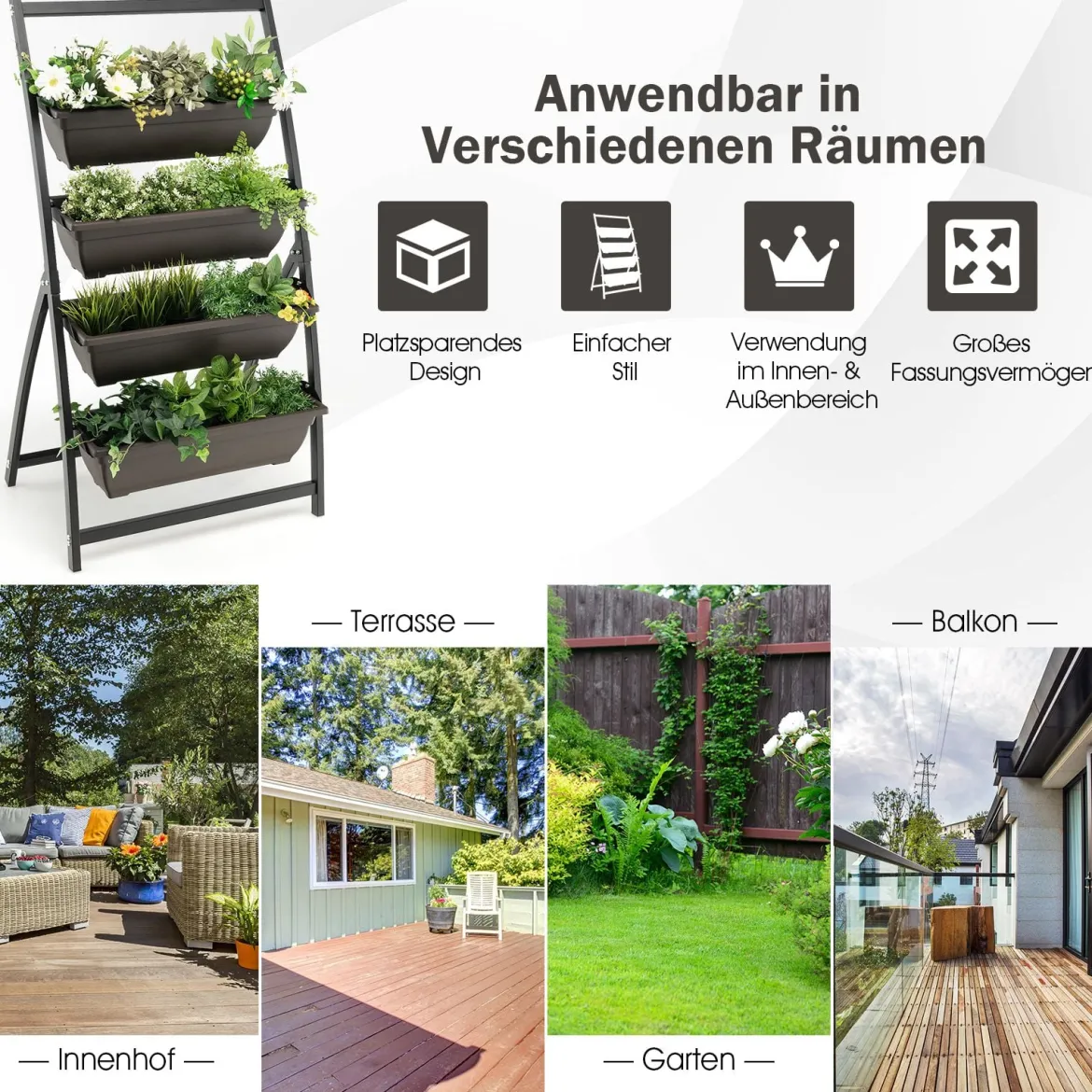 4-stufiges Hochbeet mit 4 Behälterboxen & Drainagelöchern Pflanzenbeet Vertikalbeet