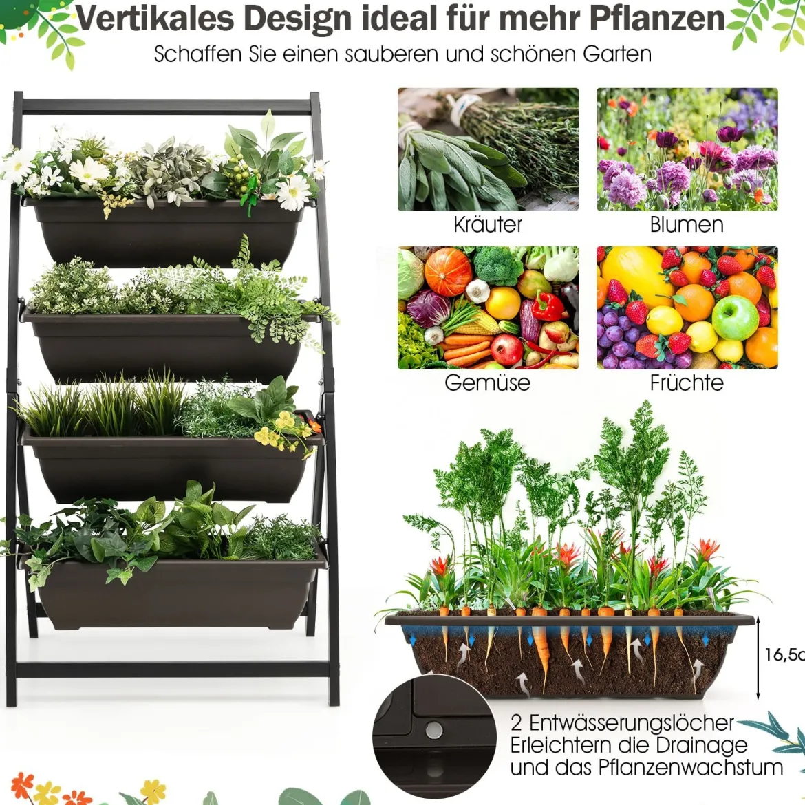 4-stufiges Hochbeet mit 4 Behälterboxen & Drainagelöchern Pflanzenbeet Vertikalbeet