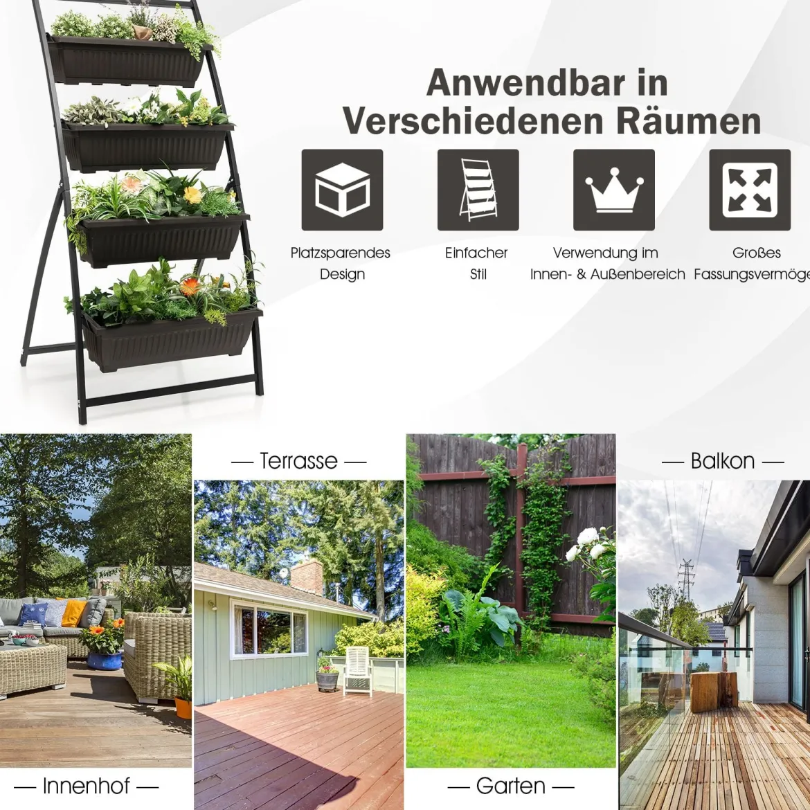 4-stufiges Hochbeet Pflanzenbeet mit 4 Behälterboxen & Drainagelöchern Vertikalbeet