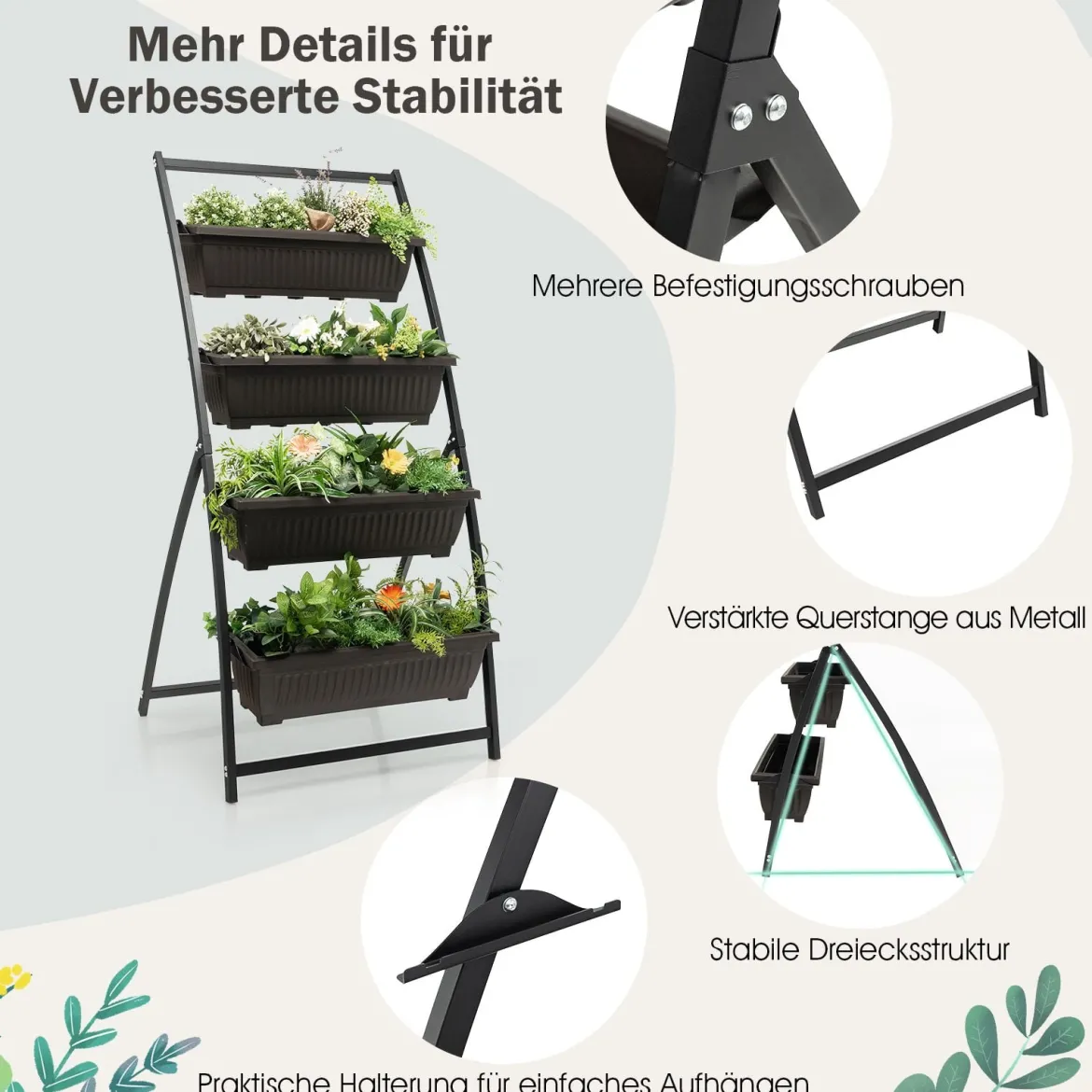 4-stufiges Hochbeet Pflanzenbeet mit 4 Behälterboxen & Drainagelöchern Vertikalbeet