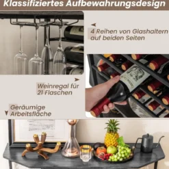 3-stufiges Industrielles Weinregal mit Steckdosen & Flaschenregal & Glashaltern Weinbarschrank Grau