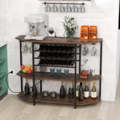 3-stufiges Industrielles Weinregal mit Steckdosen & Flaschenregal & Glashaltern Weinbarschrank Braun