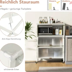 4 Stufiges Küchenregal mit Rollen Mikrowellenständer mit Aufklappbaren PC-Türen