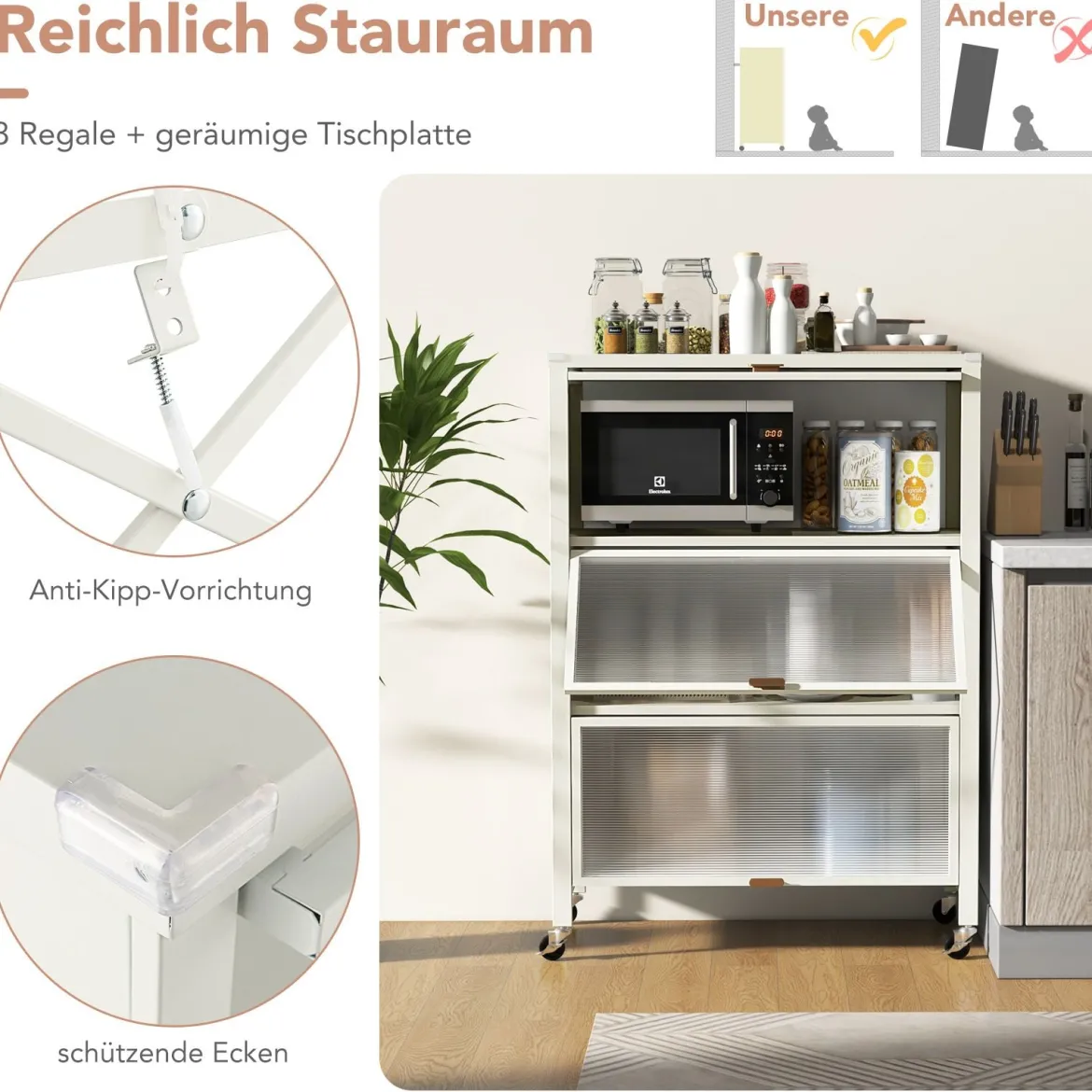 4 Stufiges Küchenregal mit Rollen Mikrowellenständer mit Aufklappbaren PC-Türen