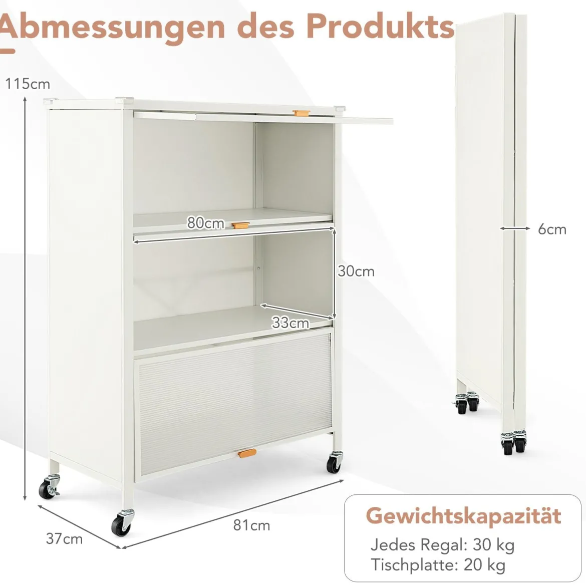 4 Stufiges Küchenregal mit Rollen Mikrowellenständer mit Aufklappbaren PC-Türen