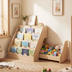 4 Stufiges Kinder Bücherregal mit Aufklappbaren Fach & Schublade auf Rollen Kinderregal Natur