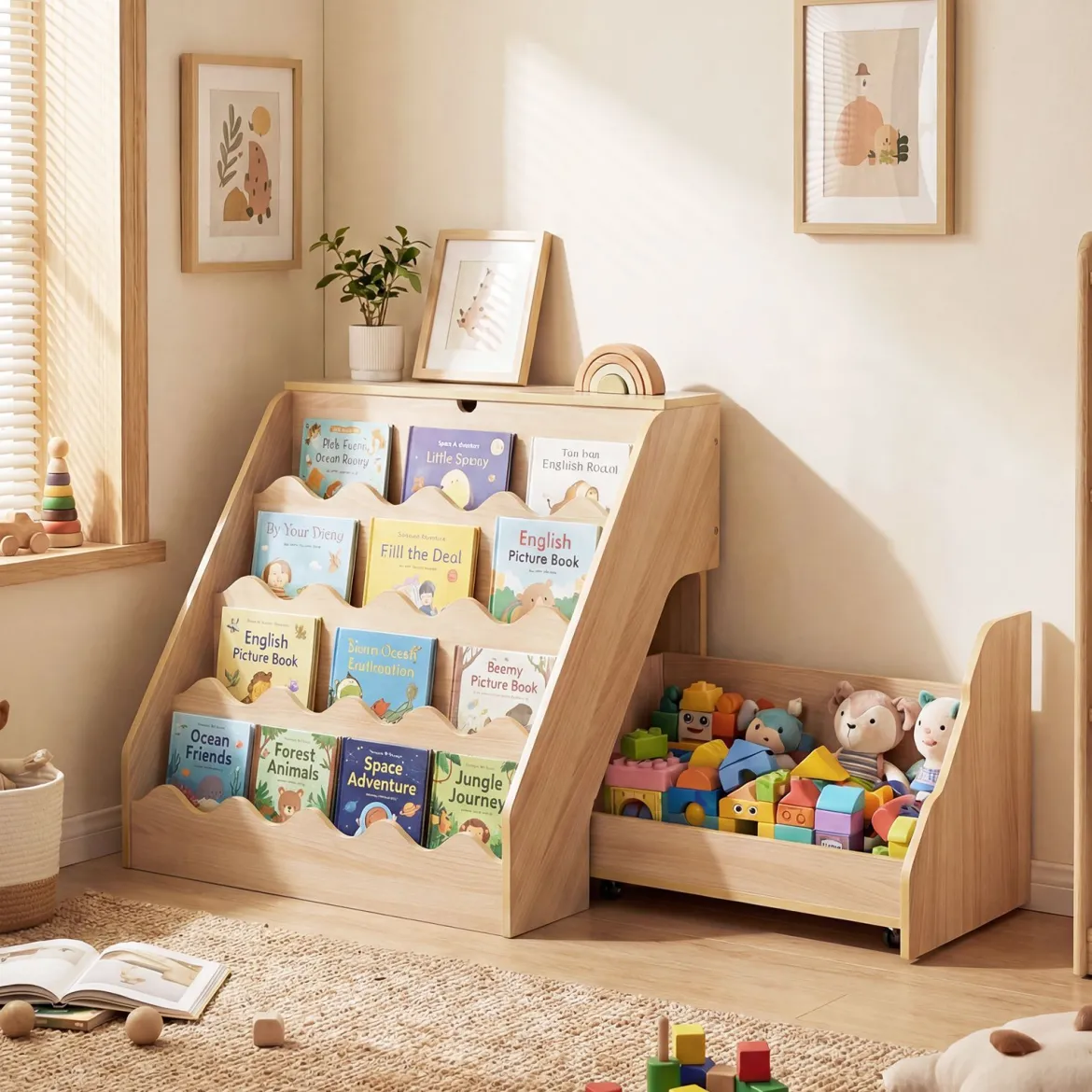 4 Stufiges Kinder Bücherregal mit Aufklappbaren Fach & Schublade auf Rollen Kinderregal Natur