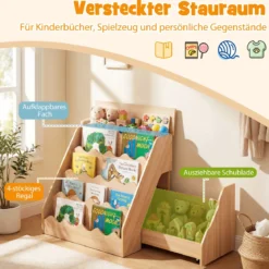4 Stufiges Kinder Bücherregal mit Aufklappbaren Fach & Schublade auf Rollen Kinderregal Natur